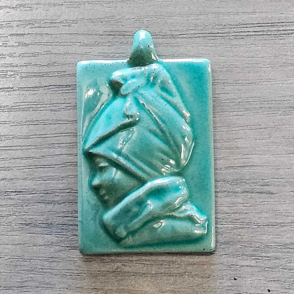 Vintage Turquoise Ceramic Pottery Figural Profile Pendant